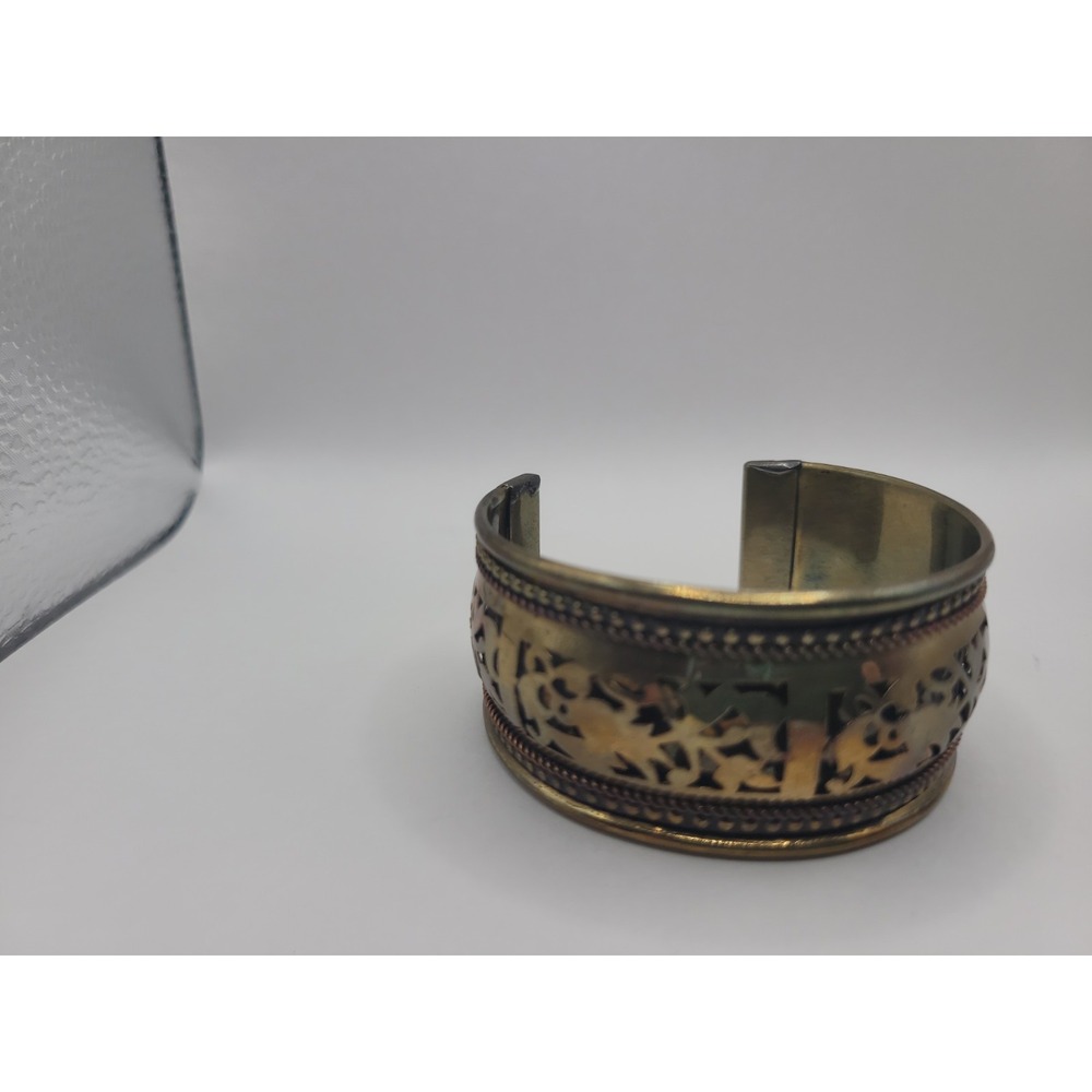 Antiqued Brass Tone Wide Cuff Bracelet Openwork Floral Boho Statement Jewelry